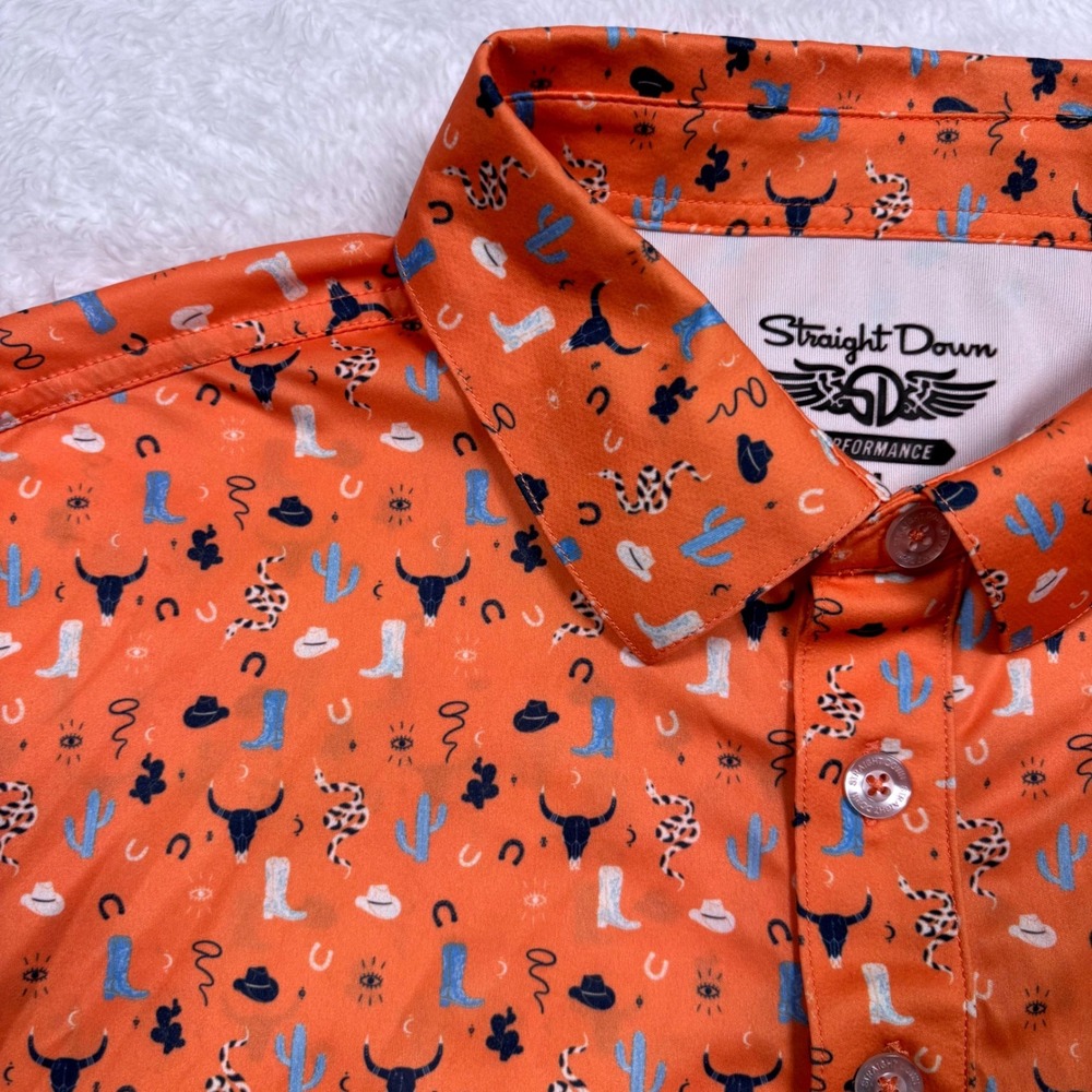 Straight Down Performance Polo Mens M Orange Western Cowboy Cowhead Golf RARE